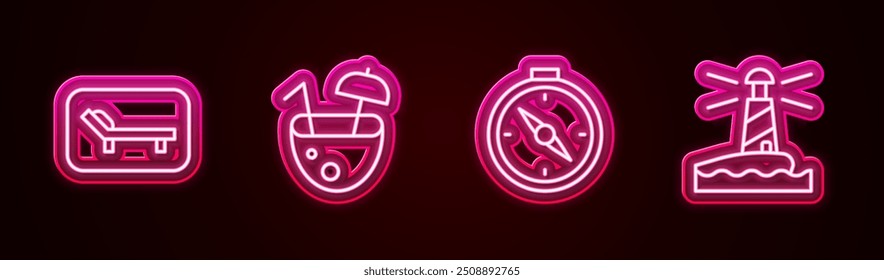Set line Sunbed and umbrella, Coconut cocktail, Compass and Lighthouse. Glowing neon icon. Vector