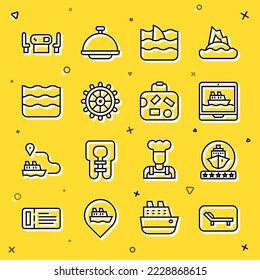 Set line Sunbed and umbrella, Cruise ship, Shark fin in ocean wave, Ship steering wheel, Wave, Poker table and Suitcase icon. Vector