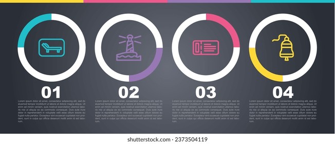 Set line Sunbed and umbrella, Lighthouse, Cruise ticket and Ship bell. Business infographic template. Vector