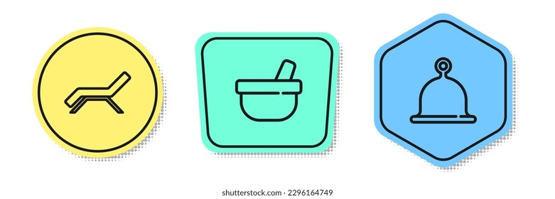 Set line Sunbed and umbrella, Mortar pestle and Sauna hat. Colored shapes. Vector