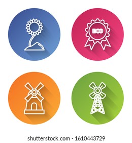Set line Sunflower, Banner, label, tag, logo for eco, Windmill and Windmill. Color circle button. Vector