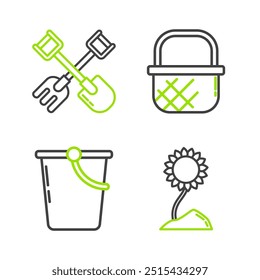 Set line Sunflower, Bucket, Shopping basket and Shovel and rake icon. Vector