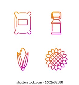 Set line Sunflower, Corn, Bag of flour and Can container for milk. Gradient color icons. Vector