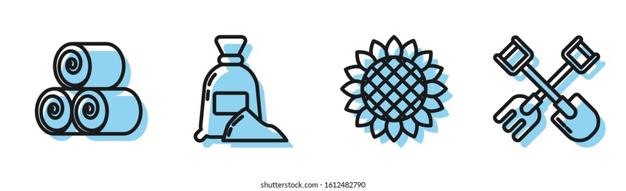 Set line Sunflower, Roll of hay, Bag of flour and Shovel and rake icon. Vector