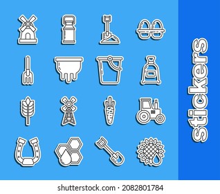 Set line Sunflower, Tractor, Bag of flour, Shovel in the ground, Udder, Garden rake, Windmill and Bucket icon. Vector