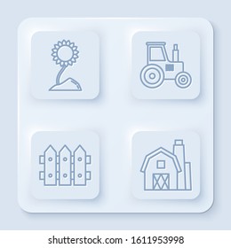 Set line Sunflower, Tractor, Garden fence wooden and Farm House concept. White square button. Vector