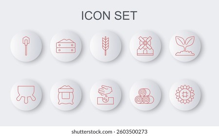 Set line Sunflower, Udder, Wheat, Roll of hay, Shovel, Bag flour,  and Seeds icon. Vector