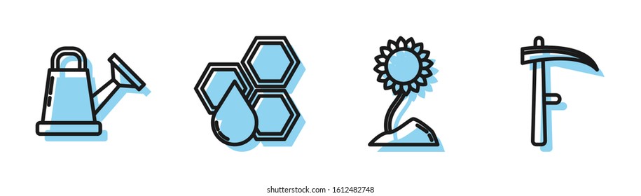 Set line Sunflower, Watering can, Honeycomb and Scythe icon. Vector