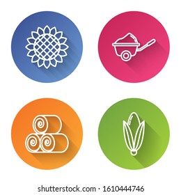 Set line Sunflower, Wheelbarrow with dirt, Roll of hay and Corn. Color circle button. Vector