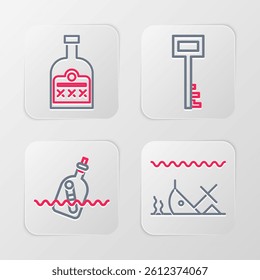 Set line Sunken ship, Bottle with message in water, Pirate key and Alcohol drink Rum bottle icon. Vector