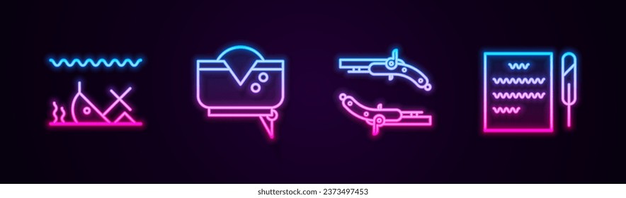 Set line Sunken ship, Pirate hat, Vintage pistols and Feather pen and scroll. Glowing neon icon. Vector