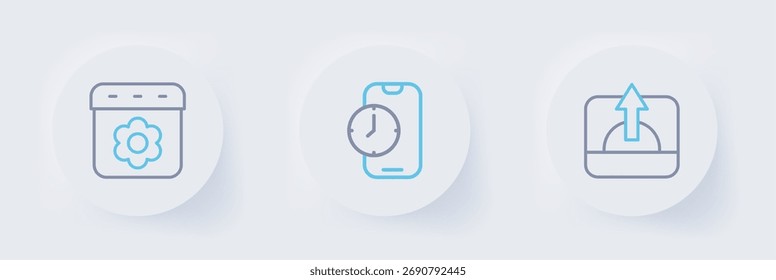 Establecer línea Sunrise, App de despertador móvil e icono de primavera de calendario. Vector