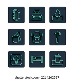 Set line Sunrise, Bed, Trash can, Tree, Hiking backpack, Cup of tea, Carabiner and Hammer icon. Vector