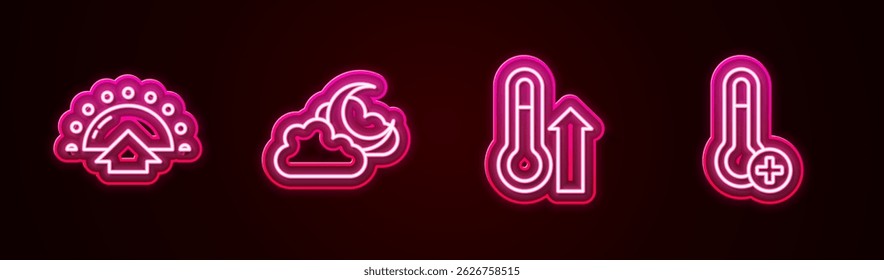 Set line Sunrise, Cloud with moon, Meteorology thermometer and . Glowing neon icon. Vector
