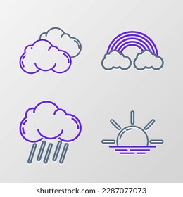 Die Linie Sonnenaufgang, Wolke mit Regen, Regenbogenwolken und Symbol festlegen. Vektorgrafik