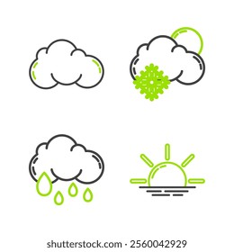 Set line Sunrise, Cloud with rain, snow and sun and  icon. Vector