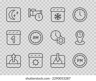 Set line Sunrise, Day time, Calendar winter, summer, Moon and stars, Morning, Sunset and Time zone clocks icon. Vector