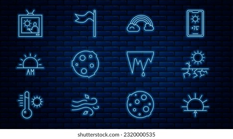 Set line Sunrise, Drought, Rainbow with clouds, Moon, Weather forecast, Icicle and Meteorology windsock wind vane icon. Vector