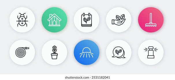 Set line Sunrise, Garden rake, hose, Leaf, in hand, Calendar with autumn leaves, Automatic irrigation sprinklers and Flower pot icon. Vector