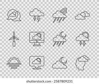 Set line Sunrise, Man having headache, Rainbow with cloud and rain, Location, Weather forecast, Cloud moon and Storm icon. Vector