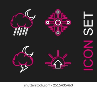 Set line Sunrise, Storm, Snowflake and Cloud with rain and moon icon. Vector