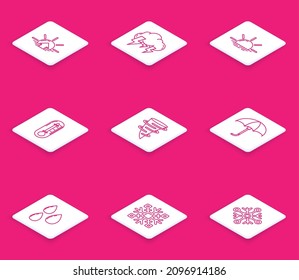 Set line Sunrise, Storm, Thermometer, Tornado, Classic elegant opened umbrella, Water drop and Snowflake icon. Vector