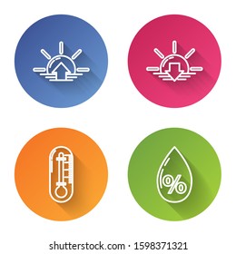 Set line Sunrise, Sunset, Thermometer and Water drop percentage. Color circle button. Vector