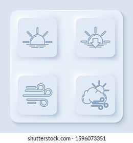Set line Sunrise, Sunset, Wind and Windy weather. White square button. Vector