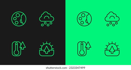 Set line Sunrise, Thermometer, Moon phases and Hail cloud icon. Vector