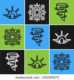 Set line Sunrise, Tornado and Snowflake icon. Vector