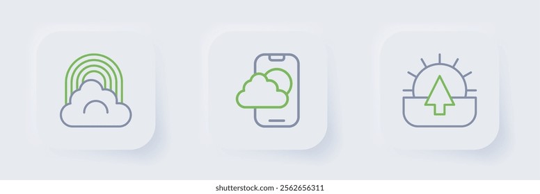 Set line Sunrise, Weather forecast app and Rainbow with cloud icon. Vector