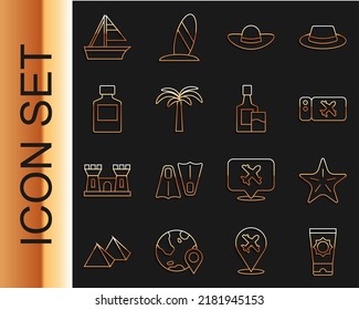 Set line Sunscreen cream in tube, Starfish, Airline ticket, Elegant women hat, Tropical palm tree, Whiskey bottle, Yacht sailboat and and glass icon. Vector