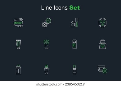 Set line Sunscreen cream in tube, Lipstick, Tube of hand, Deodorant roll, Perfume, Shaving gel foam, Makeup brush and Cream lotion cosmetic icon. Vector