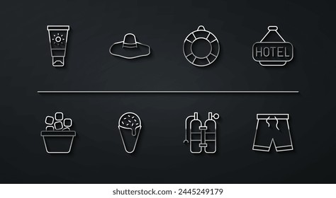 Set line Sunscreen cream in tube, Ice bucket, Signboard with text Hotel, Aqualung, waffle cone, Elegant women hat, Swimming trunks and Lifebuoy icon. Vector