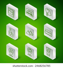 Set line Sunscreen cream in tube, Location on the globe, Photo, Egypt pyramids, Whiskey bottle and glass, Signboard with text Hotel, Plane and room bed icon. Vector