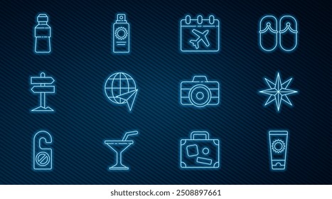 Set line Sunscreen cream in tube, Wind rose, Calendar and airplane, Globe with flying, Road traffic signpost, Bottle of water, Photo camera and spray bottle icon. Vector