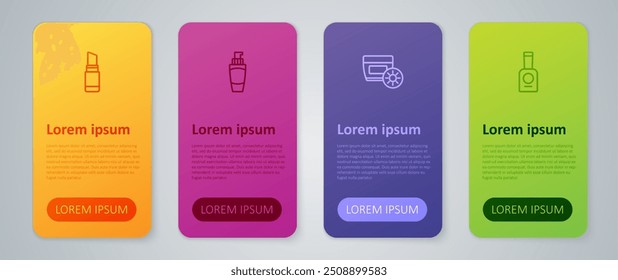 Definir linha Creme de protetor solar em tubo, Garrafa de esmalte de unha, Batom e mão de tubo. Modelo de infográfico comercial. Vetor