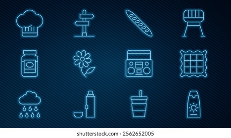 Set line Sunscreen cream in tube, Checkered napkin, French baguette bread, Flower, Jam jar, Chef hat, Home stereo with two speakers and Road traffic sign icon. Vector