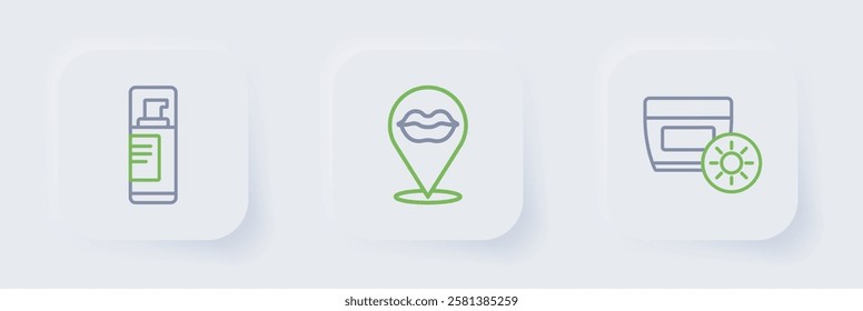 Set line Sunscreen cream in tube, Smiling lips and Shaving gel foam icon. Vector