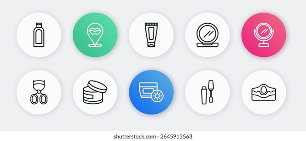 Definir linha Creme de protetor solar em tubo, espelho de maquiagem redonda, Enrolador de cílios, escova de rímel, Pó de maquiagem com, cosmético de loção de creme, Acne e ícone. Vetor