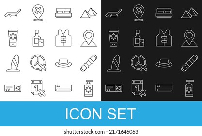 Set line Sunscreen spray bottle, Snowboard, Location, Hotel room bed, Whiskey and glass, cream in tube, Sunbed umbrella and Life jacket icon. Vector