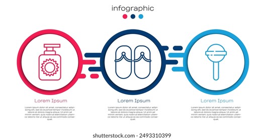 Set line Sunscreen spray bottle, Flip flops and Lollipop. Business infographic template. Vector