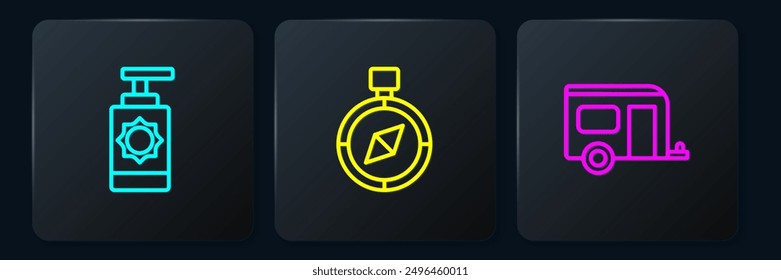 Set line Sunscreen spray bottle, Rv Camping trailer and Compass. Black square button. Vector