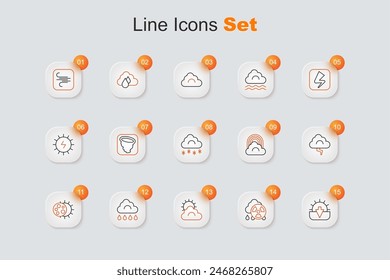 Set line Sunset, Acid rain radioactive cloud, and weather, Cloud with, Eclipse of sun, lightning, Rainbow and snow icon. Vector