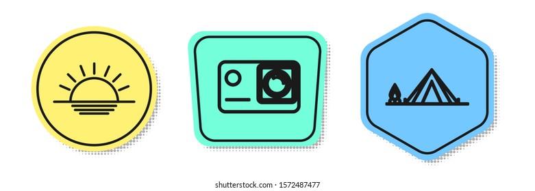 Set line Sunset, Action extreme camera and Tourist tent with wood fire. Colored shapes. Vector