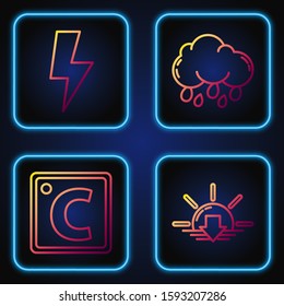 Set line Sunset, Celsius, Lightning bolt and Cloud with rain. Gradient color icons. Vector