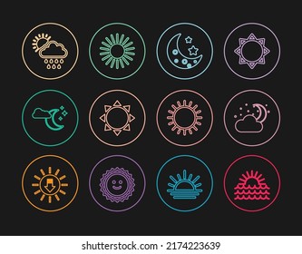 Set line Sunset, Cloud with moon and stars, Moon, rain sun,  and  icon. Vector