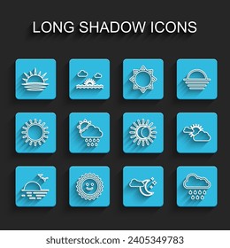 Set line Sunset, Cloud with moon and stars, rain, sun, cloud weather and Eclipse of icon. Vector