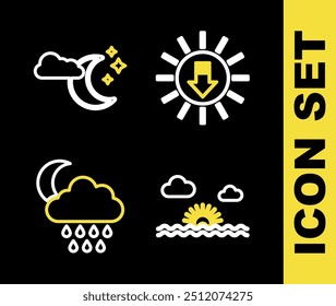 Set line Sunset, Cloud with rain and moon and stars icon. Vector