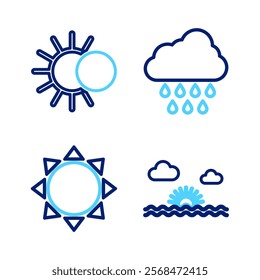 Set line Sunset, Cloud with rain and Eclipse of the sun icon. Vector